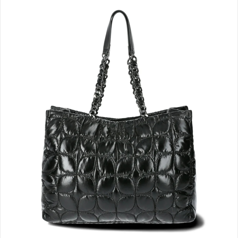 NWT PARIS HILTON Carson Quilted Nylon Tote 3 Compartment Black